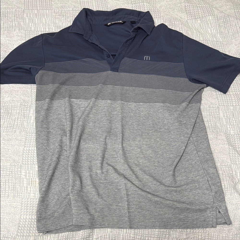 Travis Mathew Blue and Gray Polo Shirt with Color-Block Design